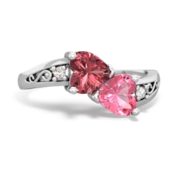 Pink Tourmaline Snuggling Hearts 14K White Gold ring R2178