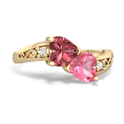 Pink Tourmaline Snuggling Hearts 14K Yellow Gold ring R2178