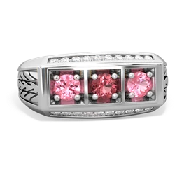 Pink Tourmaline Three Stone Tire Tread Men's 14K White Gold ring R0520