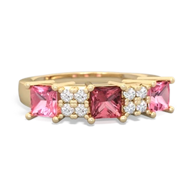 Pink Tourmaline Three Stone Diamond Cluster 14K Yellow Gold ring R2592