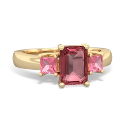 Pink Tourmaline Three Stone Emerald-Cut Trellis 14K Yellow Gold ring R4021