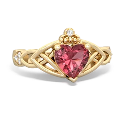 Pink Tourmaline Claddagh Celtic Knot Diamond 14K Yellow Gold ring R5001