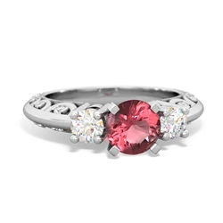 Pink Tourmaline Art Deco Diamond 6Mm Round Engagment 14K White Gold ring R2003