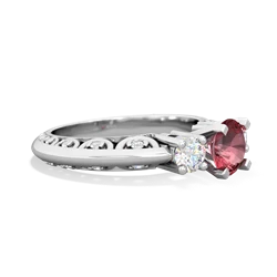 Pink Tourmaline Art Deco Diamond 6Mm Round Engagment 14K White Gold ring R2003