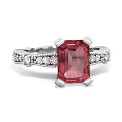 Pink Tourmaline Sparkling Tiara 8X6 Emerald-Cut 14K White Gold ring R26298EM