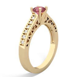 Pink Tourmaline Art Deco Engagement 5Mm Round 14K Yellow Gold ring R26355RD
