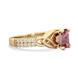 Pink Tourmaline Celtic Knot 7X5 Emerald-Cut Engagement 14K Yellow Gold ring R26447EM