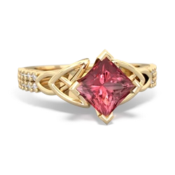 Pink Tourmaline Celtic Knot 6Mm Princess Engagement 14K Yellow Gold ring R26446SQ