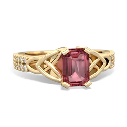 Pink Tourmaline Celtic Knot 7X5 Emerald-Cut Engagement 14K Yellow Gold ring R26447EM