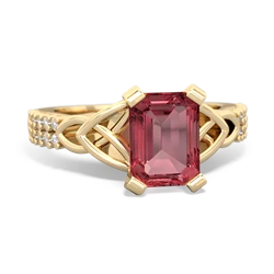 Pink Tourmaline Celtic Knot 8X6 Emerald-Cut Engagement 14K Yellow Gold ring R26448EM