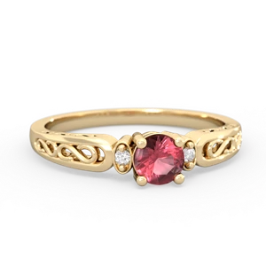Pink Tourmaline Filligree Scroll Round 14K Yellow Gold ring R0829