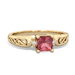 Pink Tourmaline Filligree Scroll Square 14K Yellow Gold ring R2430