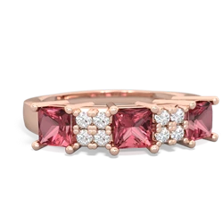 Pink Tourmaline Three Stone Diamond Cluster 14K Rose Gold ring R2592