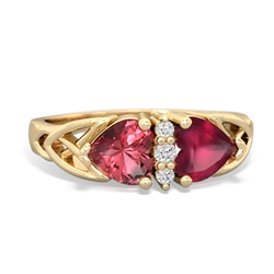 Pink Tourmaline Celtic Knot Double Heart 14K Yellow Gold ring R5040