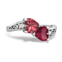 Pink Tourmaline Snuggling Hearts 14K White Gold ring R2178