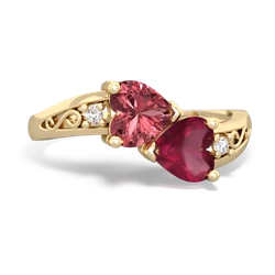 Pink Tourmaline Snuggling Hearts 14K Yellow Gold ring R2178