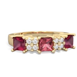 Pink Tourmaline Three Stone Diamond Cluster 14K Yellow Gold ring R2592