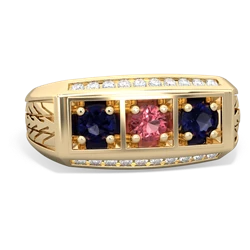 Pink Tourmaline Three Stone Tire Tread Men's 14K Yellow Gold ring R0520