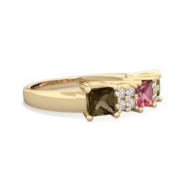 Pink Tourmaline Three Stone Diamond Cluster 14K Yellow Gold ring R2592