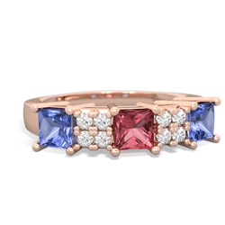 Pink Tourmaline Three Stone Diamond Cluster 14K Rose Gold ring R2592