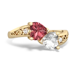 Pink Tourmaline Snuggling Hearts 14K Yellow Gold ring R2178