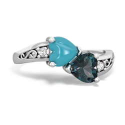 Turquoise Snuggling Hearts 14K White Gold ring R2178