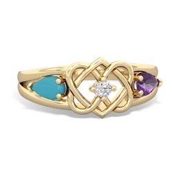 Turquoise Hearts Intertwined 14K Yellow Gold ring R5880