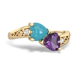 Turquoise Snuggling Hearts 14K Yellow Gold ring R2178