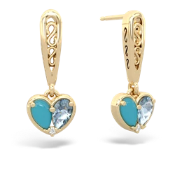 Turquoise Filligree Heart 14K Yellow Gold earrings E5070