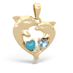 Turquoise Dolphin Heart 14K Yellow Gold pendant P5820