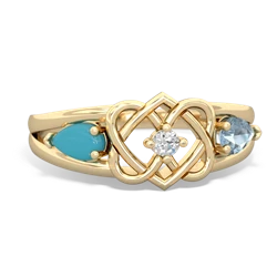 Turquoise Hearts Intertwined 14K Yellow Gold ring R5880