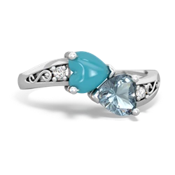 Turquoise Snuggling Hearts 14K White Gold ring R2178