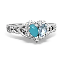 Turquoise Celtic Knot Two Hearts As One 14K White Gold ring R2644HRT