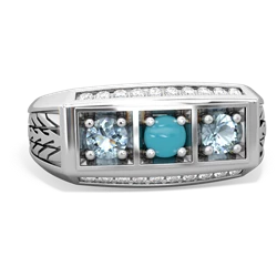 Turquoise Three Stone Tire Tread Men's 14K White Gold ring R0520