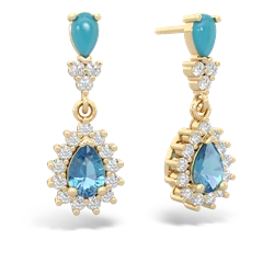 Turquoise Halo Pear Dangle 14K Yellow Gold earrings E1882