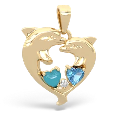 Turquoise Dolphin Heart 14K Yellow Gold pendant P5820