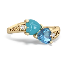 Turquoise Snuggling Hearts 14K Yellow Gold ring R2178