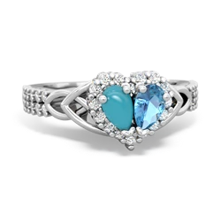 Turquoise Celtic Knot Two Hearts As One 14K White Gold ring R2644HRT