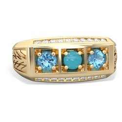 Turquoise Three Stone Tire Tread Men's 14K Yellow Gold ring R0520