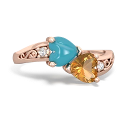 Turquoise Snuggling Hearts 14K Rose Gold ring R2178