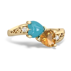 Turquoise Snuggling Hearts 14K Yellow Gold ring R2178