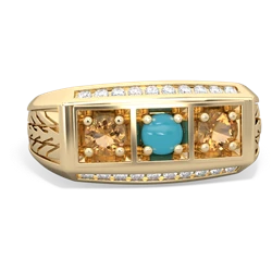 Turquoise Three Stone Tire Tread Men's 14K Yellow Gold ring R0520