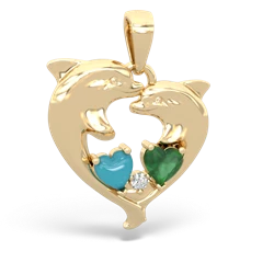 Turquoise Dolphin Heart 14K Yellow Gold pendant P5820