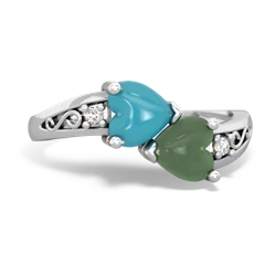 Turquoise Snuggling Hearts 14K White Gold ring R2178