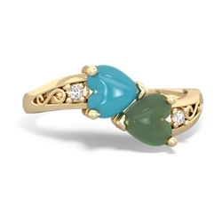 Turquoise Snuggling Hearts 14K Yellow Gold ring R2178