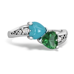 Turquoise Snuggling Hearts 14K White Gold ring R2178