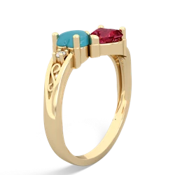 Turquoise Snuggling Hearts 14K Yellow Gold ring R2178