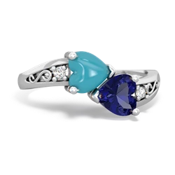 Turquoise Snuggling Hearts 14K White Gold ring R2178