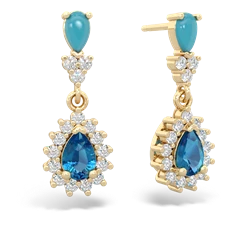 Turquoise Halo Pear Dangle 14K Yellow Gold earrings E1882