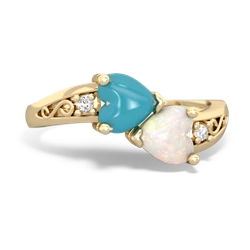 Turquoise Snuggling Hearts 14K Yellow Gold ring R2178